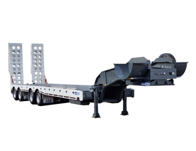 AAA TRAILERS QUAD AXLE LOW LOADER DECK WIDENER WITH FRONT LIFT-UP, REAR STEER AXLE AND BI-FOLD RAMPS