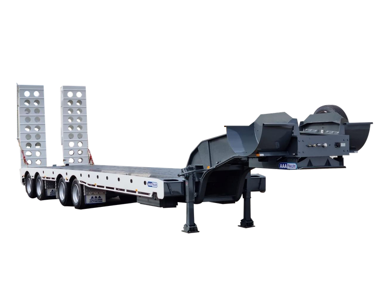 AAA TRAILERS QUAD AXLE LOW LOADER DECK WIDENER WITH FRONT LIFT-UP, REAR STEER AXLE AND BI-FOLD RAMPS