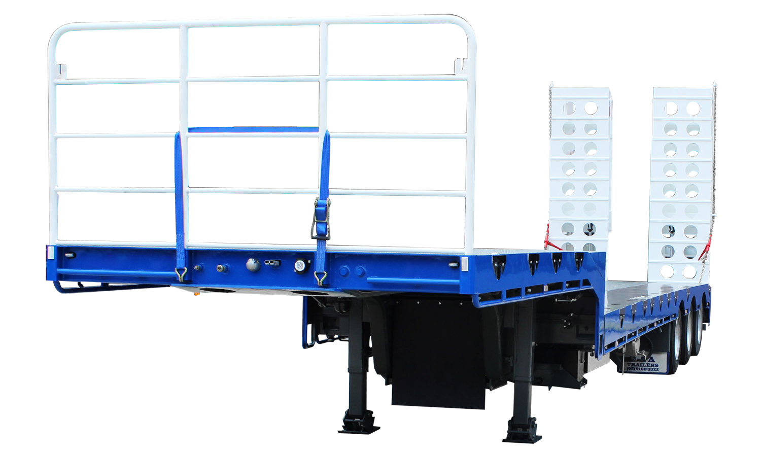 AAA TRAILERS 45' DROP DECK TRI-AXLE DECK WIDENER WITH BI-FOLD RAMPS AAA Trailers 45ft Drop Deck Tri-Axle Deck Widener, rear quarter view showing front safety rail and raised ramps