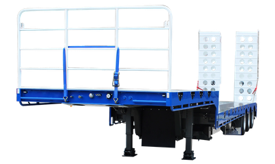 AAA Trailers 45ft Drop Deck Tri-Axle Deck Widener, rear quarter view showing front safety rail and raised ramps