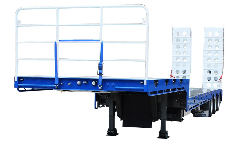 AAA Trailers 45ft Drop Deck Tri-Axle Deck Widener, rear quarter view showing front safety rail and raised ramps