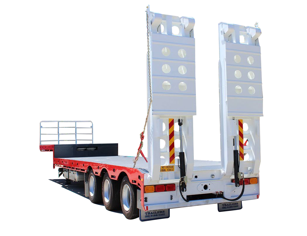 AAA Trailers 45ft Drop Deck with Bi-Fold Ramps, rear quarter view with ramps raised