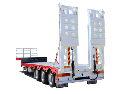 AAA Trailers 45ft Drop Deck with Bi-Fold Ramps, rear quarter view with ramps raised