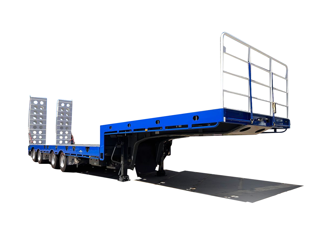 AAA TRAILERS 45' DROP DECK QUAD-AXLE DECK WIDENER WITH FRONT LIFT UP, REAR STEER AXLE AND BI-FOLD RAMPS AAA Trailers 45ft Drop Deck Quad-Axle Deck Widener, front quarter view with front rail and bi-fold ramps raised