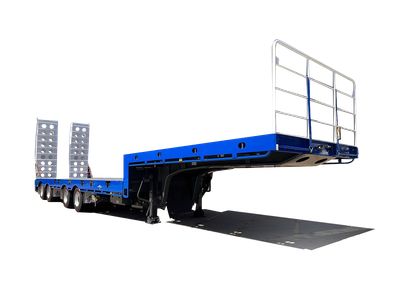 AAA TRAILERS 45' DROP DECK QUAD-AXLE DECK WIDENER WITH FRONT LIFT UP, REAR STEER AXLE AND BI-FOLD RAMPS AAA Trailers 45ft Drop Deck Quad-Axle Deck Widener, front quarter view with front rail and bi-fold ramps raised