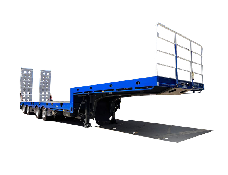 AAA Trailers 45ft Drop Deck Quad-Axle Deck Widener, front quarter view with front rail and bi-fold ramps raised