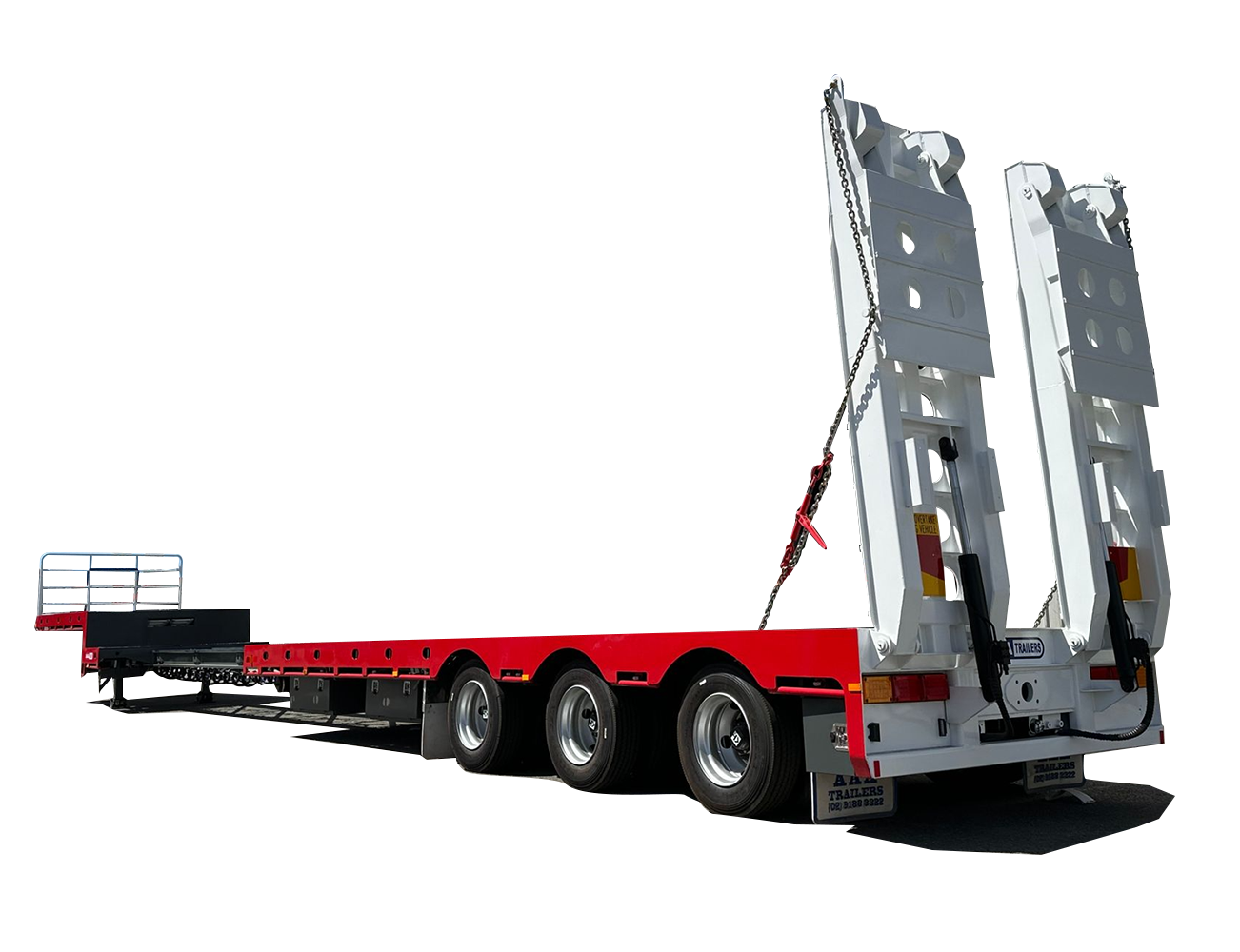 AAA TRAILERS 45' DROP DECK EXTENDABLE WITH BI-FOLD RAMPS AAA Trailers 45ft Drop Deck Extendable with Bi-Fold Ramps, front quarter view with ramps raised