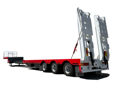 AAA TRAILERS 45' DROP DECK EXTENDABLE WITH BI-FOLD RAMPS AAA Trailers 45ft Drop Deck Extendable with Bi-Fold Ramps, front quarter view with ramps raised