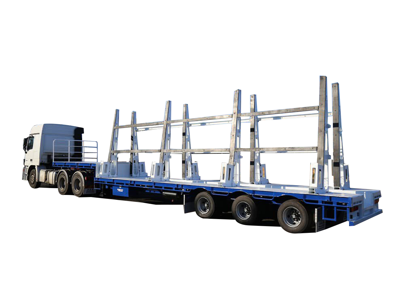 AAA TRAILERS 45' DROP DECK CONCRETE PANEL TRAILER AAA Trailers 45ft Drop Deck Concrete Panel Trailer, front quarter view with stanchion rails raised