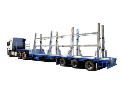 AAA TRAILERS 45' DROP DECK CONCRETE PANEL TRAILER AAA Trailers 45ft Drop Deck Concrete Panel Trailer, front quarter view with stanchion rails raised