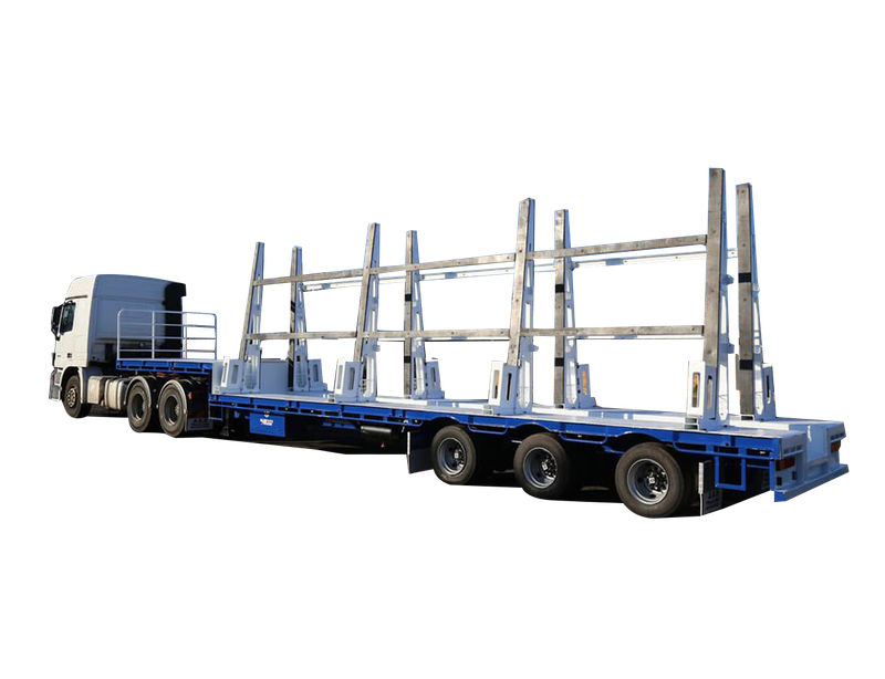 AAA Trailers 45ft Drop Deck Concrete Panel Trailer, front quarter view with stanchion rails raised
