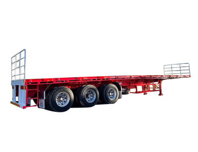 AAA Trailers Flat Top B-Trailer 22 Pallet, front quarter view showing tri-axle and fold-down loading gates