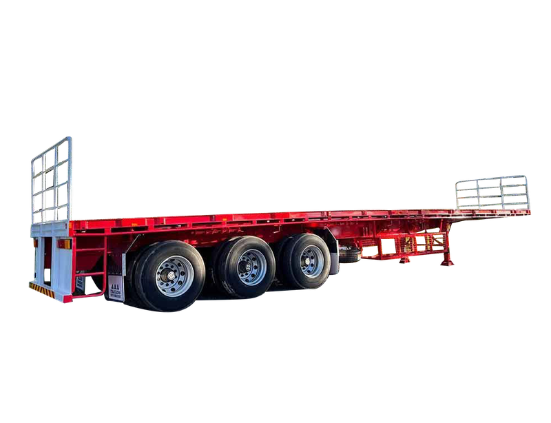 AAA Trailers Flat Top B-Trailer 22 Pallet, front quarter view showing tri-axle and fold-down loading gates
