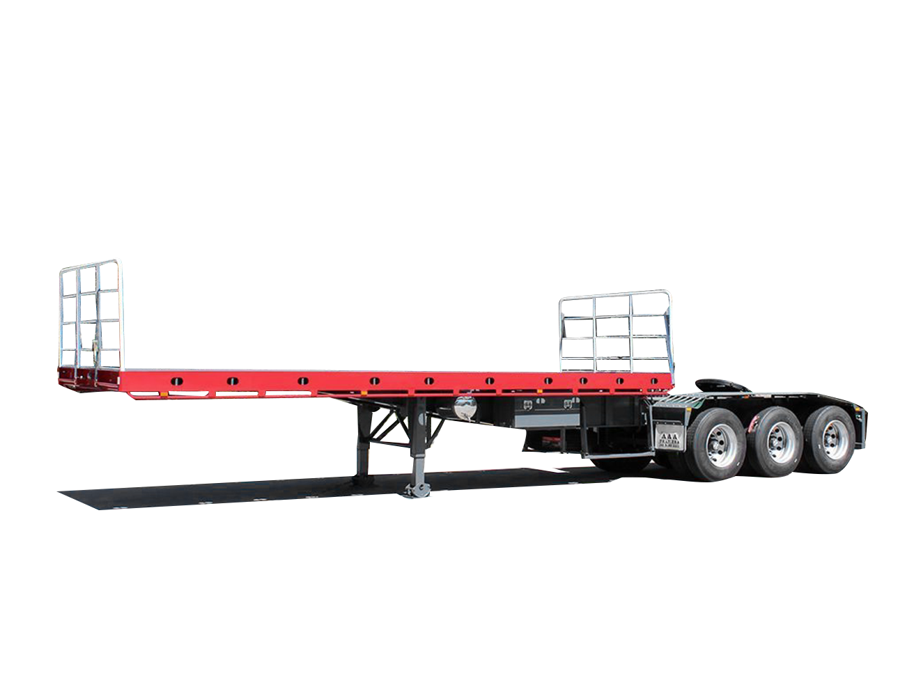 AAA TRAILERS FLAT TOP A-TRAILER 12 PALLET AAA Trailers Flat Top A-Trailer 12 Pallet, side view showing tri-axle and fold-down loading gates