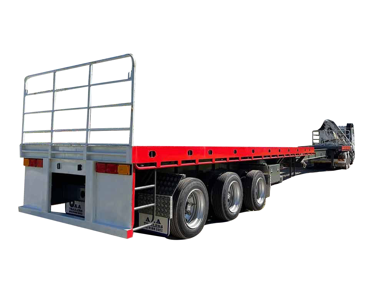 AAA Trailers 45ft Flat Top Extendable, rear quarter view attached to prime mover