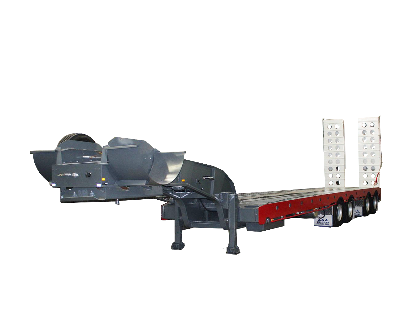 AAA TRAILERS QUAD AXLE LOW LOADER DECK WIDENER WITH BI-FOLD RAMPS AAA Trailers Quad Axle Low Loader Deck Widener with Bi-Fold Ramps, front quarter view with gooseneck raised