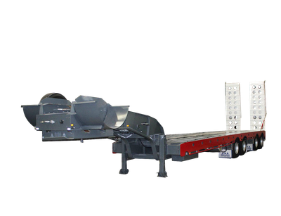 AAA TRAILERS QUAD AXLE LOW LOADER DECK WIDENER WITH BI-FOLD RAMPS AAA Trailers Quad Axle Low Loader Deck Widener with Bi-Fold Ramps, front quarter view with gooseneck raised