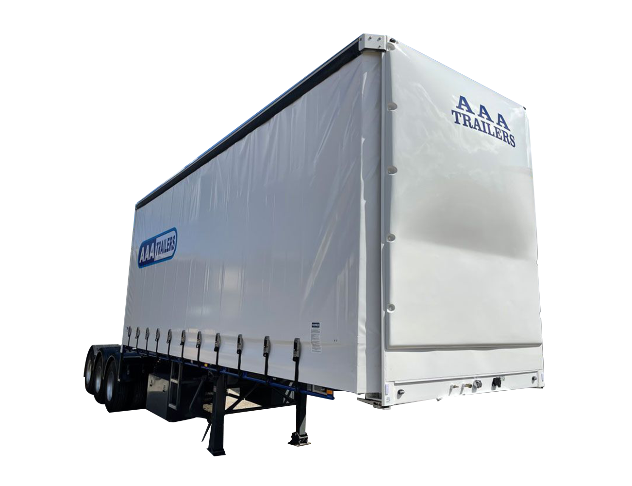 AAA Trailers Curtainsider Straight Deck A-Trailer 12 Pallet, front quarter view showing tri-axle dolly configuration
