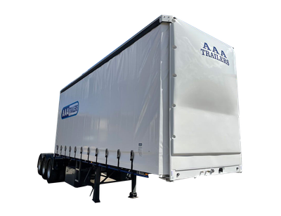 AAA Trailers Curtainsider Straight Deck A-Trailer 12 Pallet, front quarter view showing tri-axle dolly configuration
