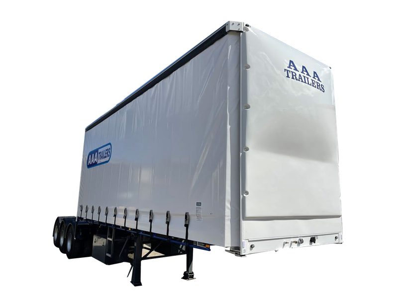 AAA Trailers Curtainsider Straight Deck A-Trailer 12 Pallet, front quarter view showing tri-axle dolly configuration