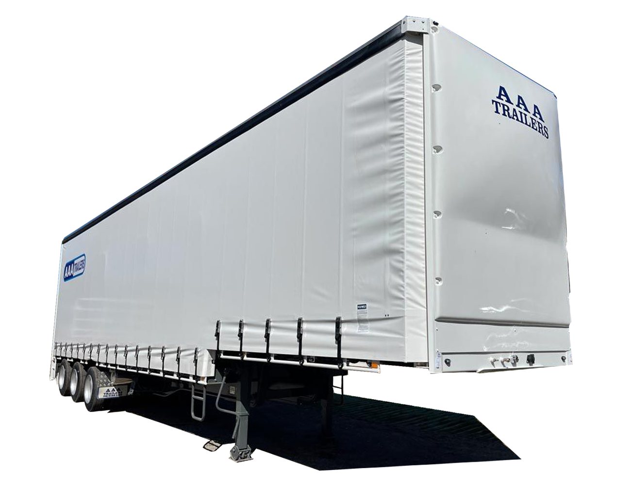 AAA Trailers Curtainsider Drop Deck B-Trailer 22 Pallet, front quarter view with AAA branding on curtain and headboard