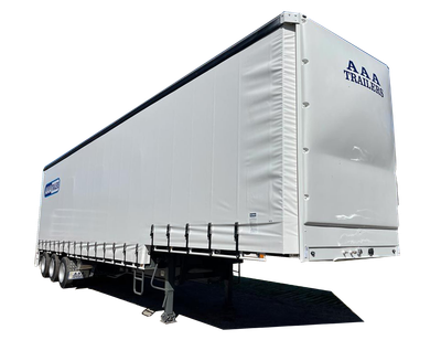 AAA Trailers Curtainsider Drop Deck B-Trailer 22 Pallet, front quarter view with AAA branding on curtain and headboard