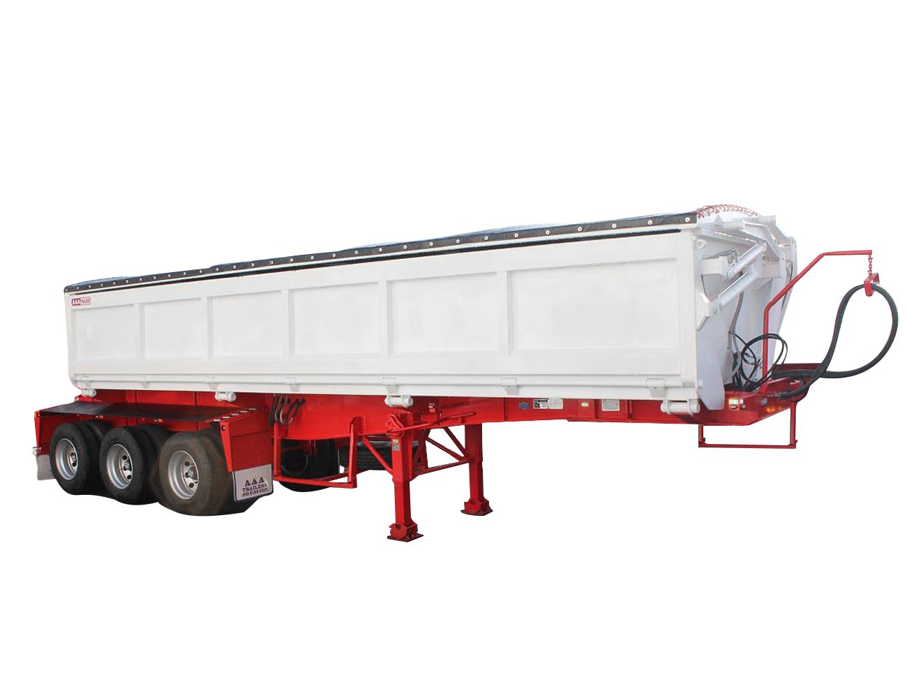 AAA TRAILERS SIDE TIPPER 9.75M AAA Trailers Side Tipper 9.75m, front quarter view with red chassis and closed tub