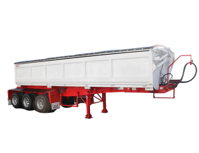 AAA TRAILERS SIDE TIPPER 9.75M AAA Trailers Side Tipper 9.75m, front quarter view with red chassis and closed tub