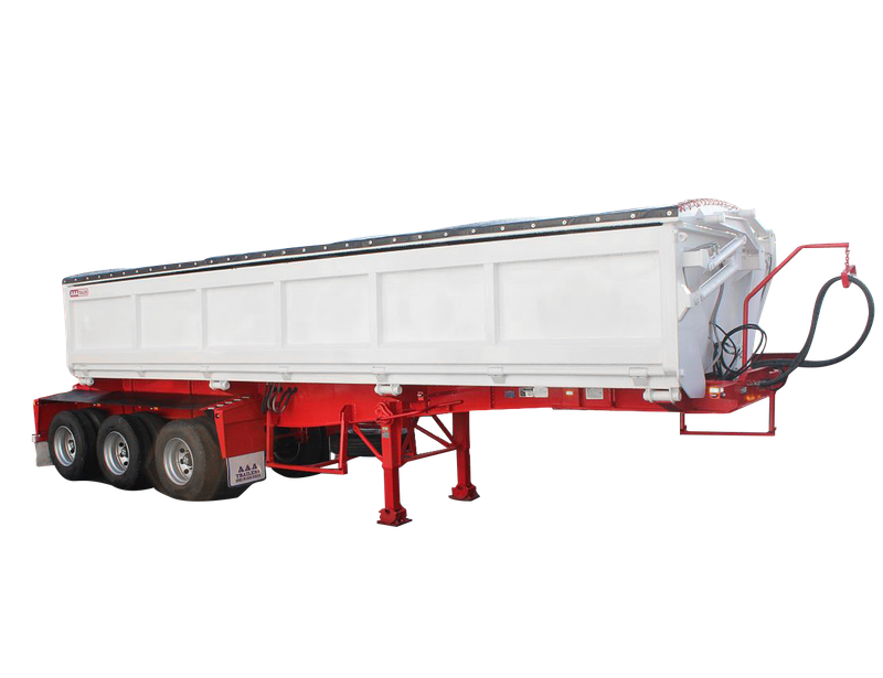 AAA Trailers Side Tipper 9.75m, front quarter view with red chassis and closed tub