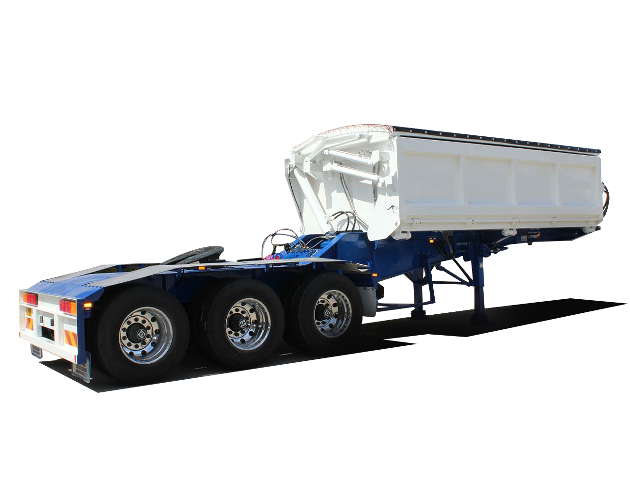 AAA TRAILERS SIDE TIPPER LEAD (A) AAA Trailers Side Tipper Lead (A), front quarter view with blue chassis and closed tub