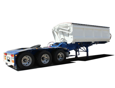 AAA TRAILERS SIDE TIPPER LEAD (A) AAA Trailers Side Tipper Lead (A), front quarter view with blue chassis and closed tub