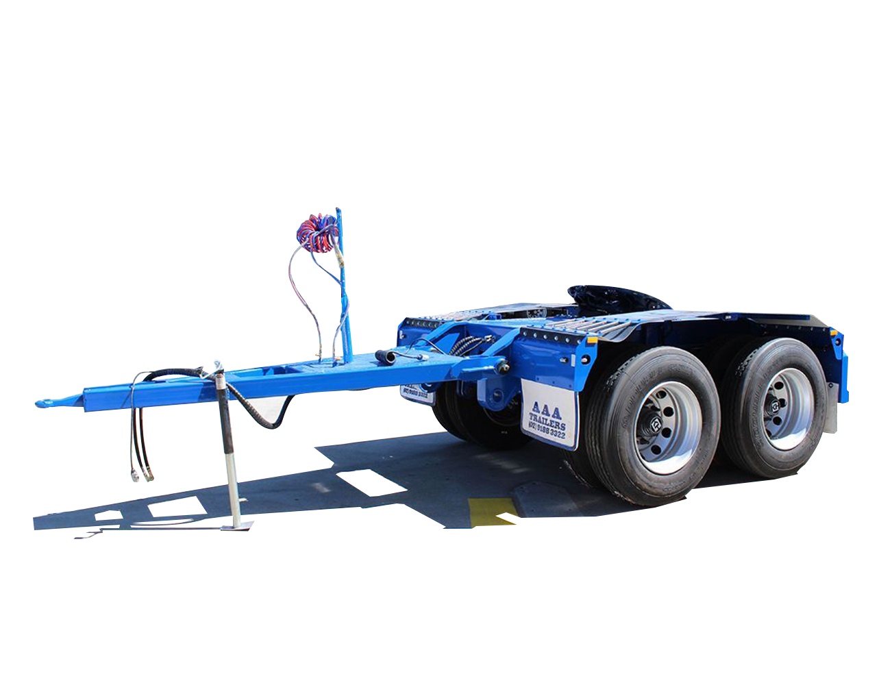 AAA Trailers Tandem Axle Converter Dolly, rear quarter view showing the fifth wheel coupling