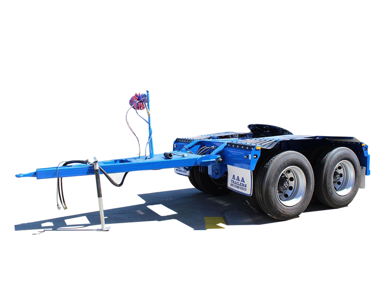 AAA Trailers Tandem Axle Converter Dolly, rear quarter view showing the fifth wheel coupling