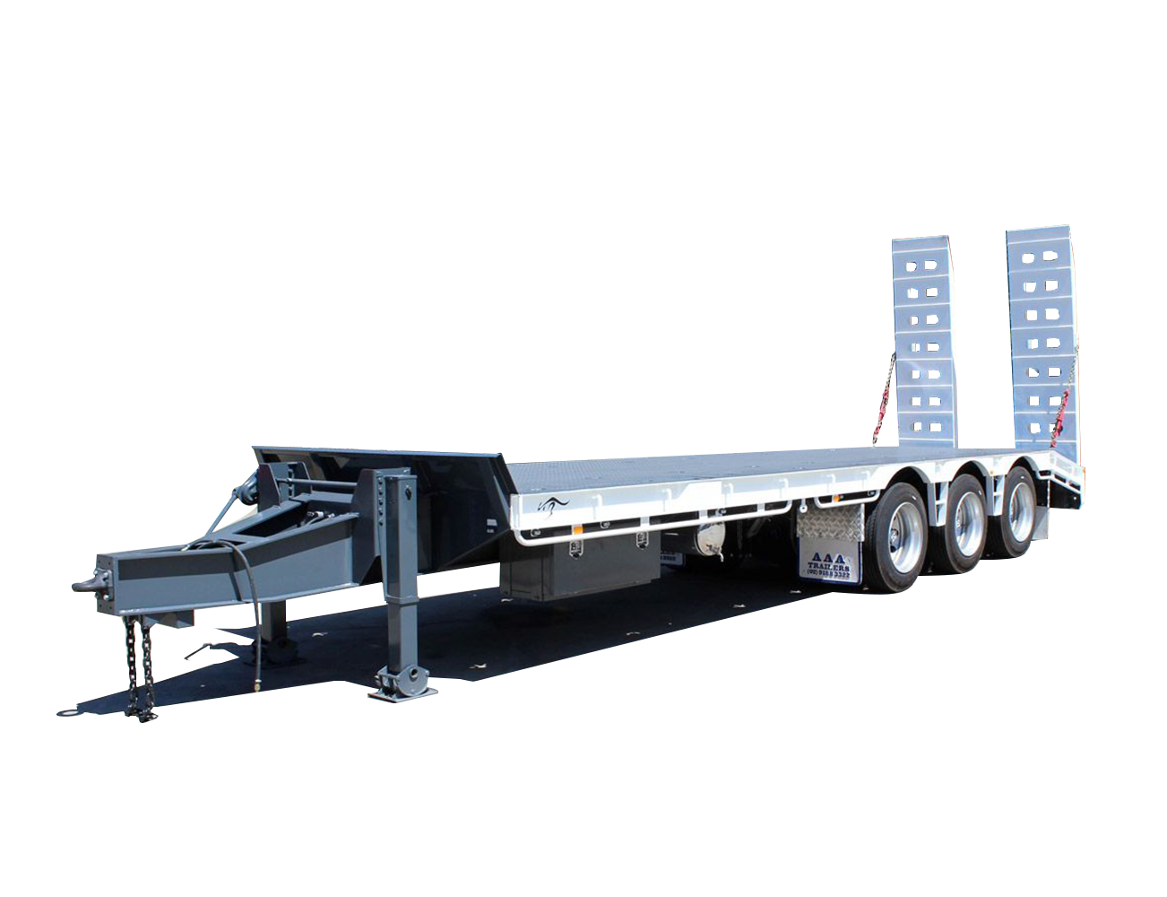 AAA Trailers Tri Axle Tag Trailer, front quarter view with ramps raised and drawbar extended