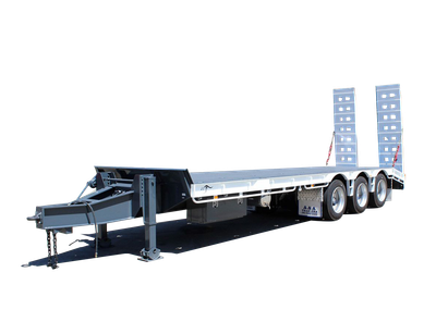 AAA Trailers Tri Axle Tag Trailer, front quarter view with ramps raised and drawbar extended