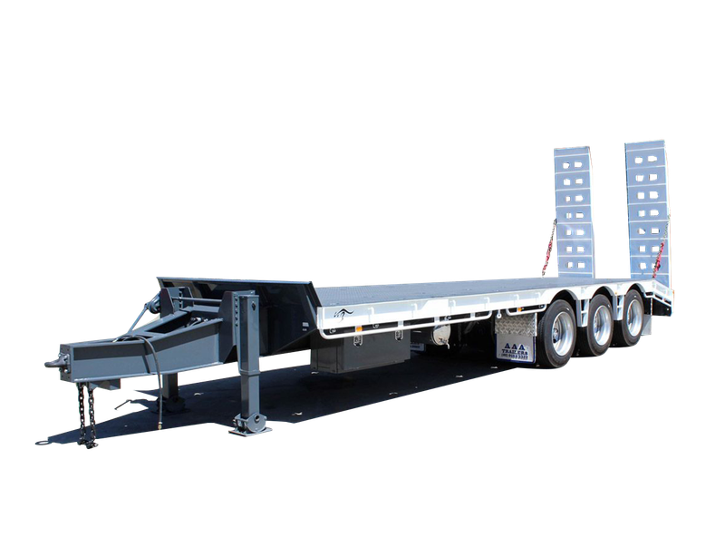 AAA Trailers Tri Axle Tag Trailer, front quarter view with ramps raised and drawbar extended