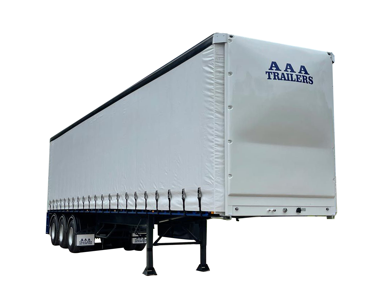 AAA Trailers Curtainsider Straight Deck B-Trailer 22 Pallet, front quarter view with landing legs down