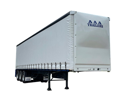 AAA Trailers Curtainsider Straight Deck B-Trailer 22 Pallet, front quarter view with landing legs down