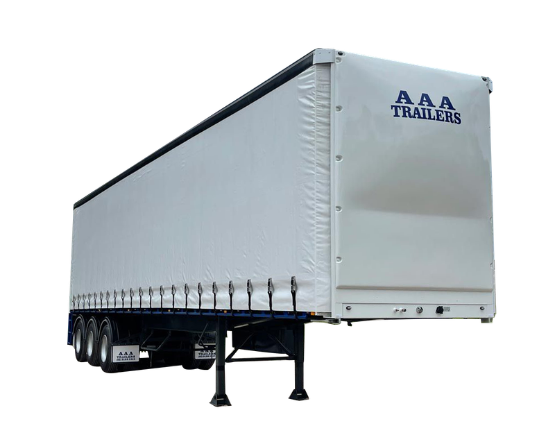 AAA Trailers Curtainsider Straight Deck B-Trailer 22 Pallet, front quarter view with landing legs down