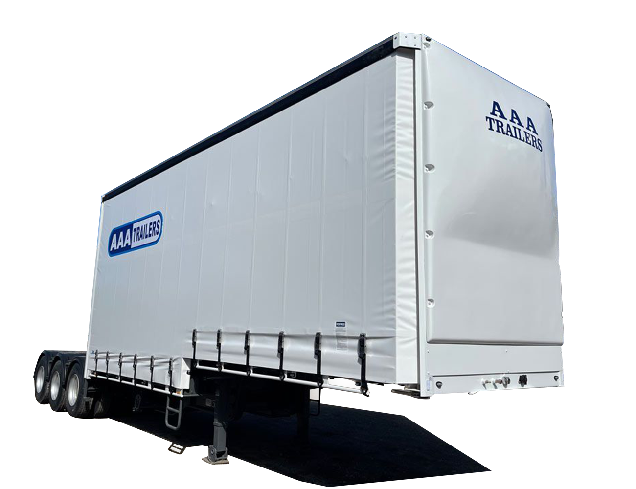 AAA Trailers Curtainsider Drop Deck A-Trailer 12 Pallet, front quarter view with curtains closed