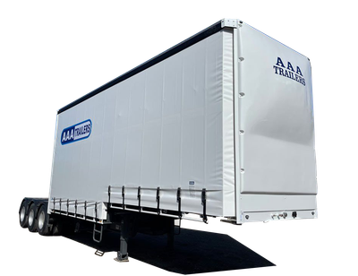 AAA Trailers Curtainsider Drop Deck A-Trailer 12 Pallet, front quarter view with curtains closed