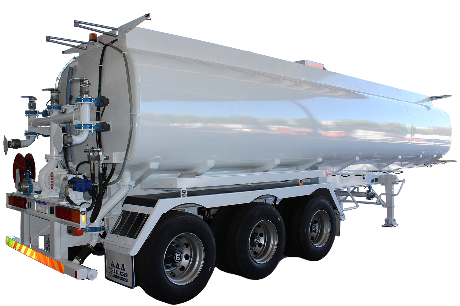 AAA Trailers 32,000L Spray Water Tank, front quarter view in warehouse setting