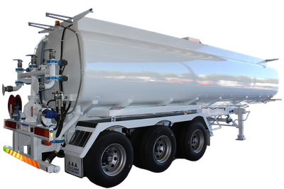 AAA Trailers 32,000L Spray Water Tank, front quarter view in warehouse setting