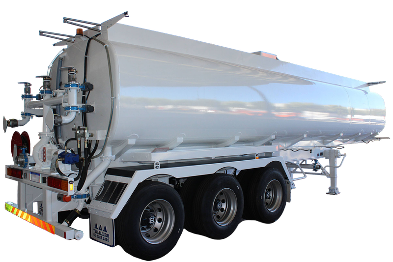 AAA Trailers 32,000L Spray Water Tank, front quarter view in warehouse setting