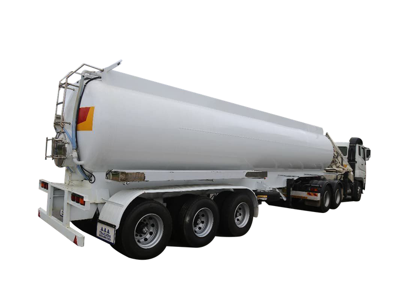 AAA Trailers 28,000L Potable Water Tanker, front quarter view showing full tank and tri-axle configuration