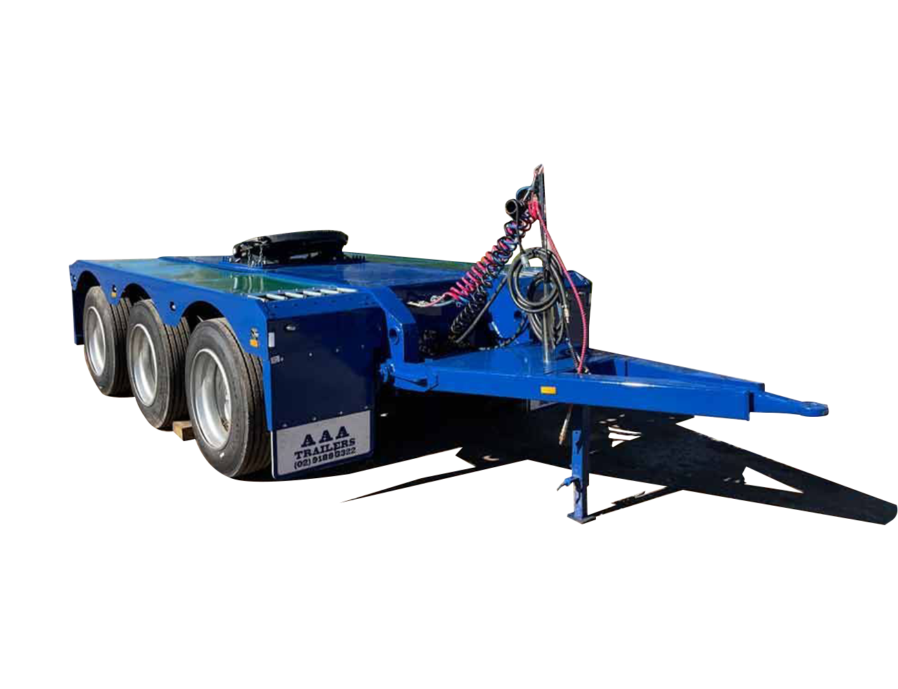 AAA TRAILERS TRI AXLE CONVERTER DOLLY AAA Trailers Tri Axle Converter Dolly, front quarter view showing turntable coupling and hose coils