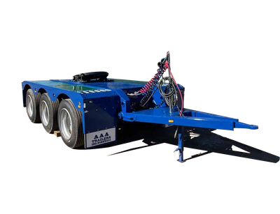 AAA Trailers Tri Axle Converter Dolly, front quarter view showing turntable coupling and hose coils