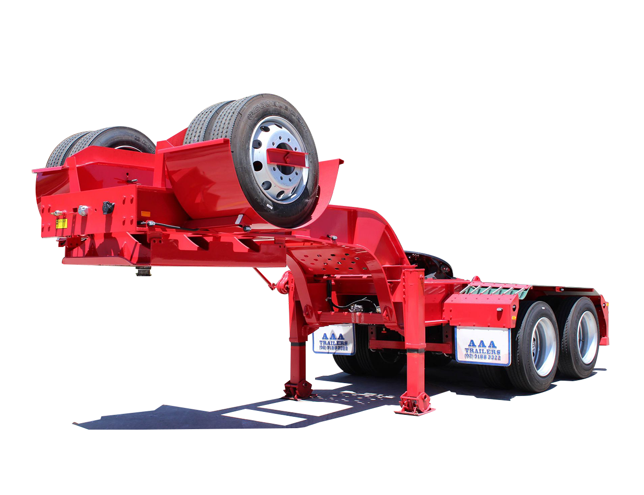AAA TRAILERS TANDEM AXLE LOAD SHARE DOLLY AAA Trailers Tandem Axle Load Share Dolly, front quarter view with wheel housing raised