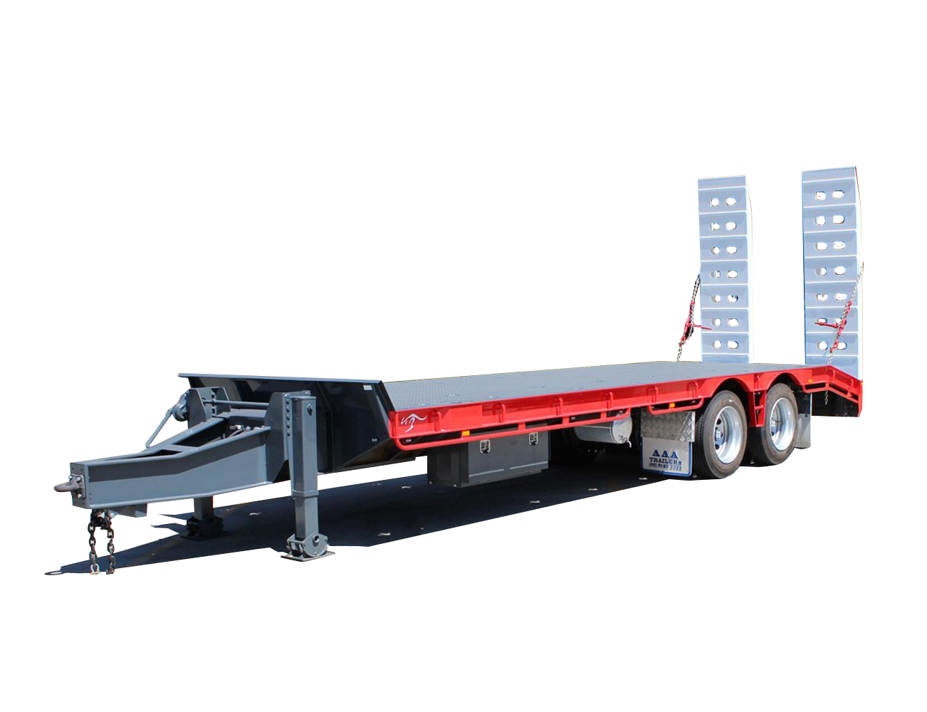 AAA Trailers Tandem Axle Tag Trailer, front quarter view with ramps raised and drawbar in shot