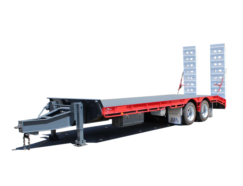AAA Trailers Tandem Axle Tag Trailer, front quarter view with ramps raised and drawbar in shot